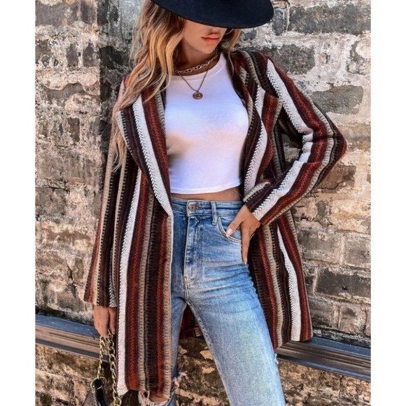 Tweed Striped Waterfall Front Belted Coat Brown - Picture 10 of 12